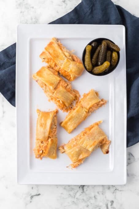 Slices of a corned beef and sauerkraut pastry.