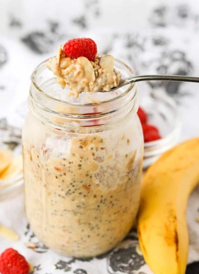 A spoonful of overnight oatmeal with banana.