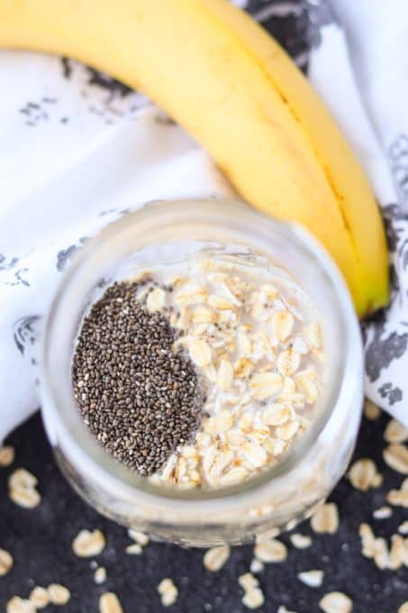 Chia seeds, oats and a banana for make ahead oatmeal.