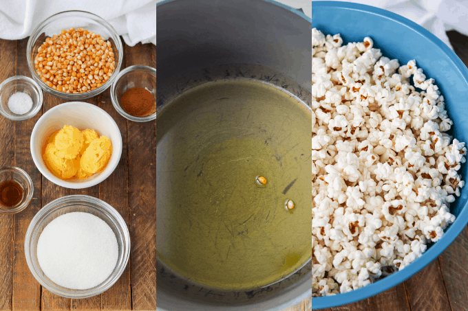 Steps to making popcorn with cinnamon and sugar.