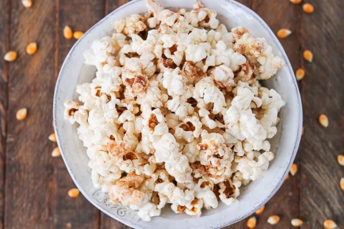 A bowl of popcorn with cinnamon sugar.