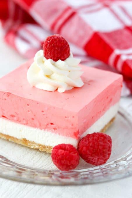 Cookie Crust, vanilla cheesecake, and creamy raspberry jello.