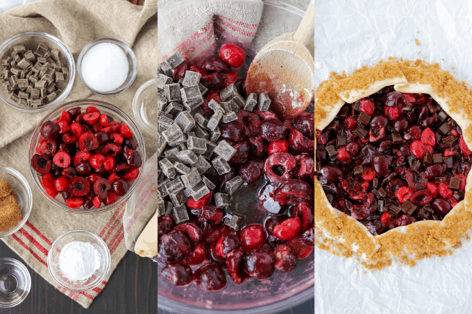 Process shots to make a Cherry and Dark Chocolate Galette.