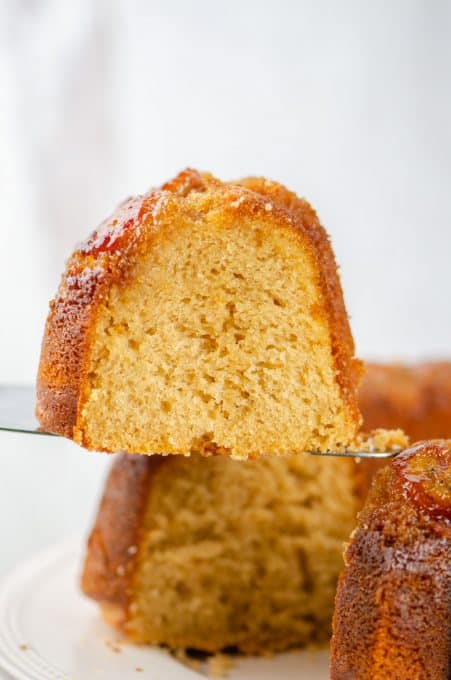 A slice of Peanut Butter Upside Down Banana Cake.