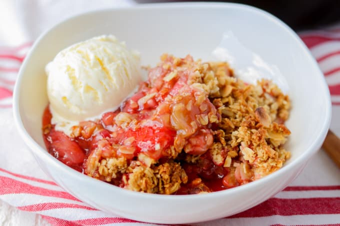 A bowl of Strawberry Rhubarb Crisp.