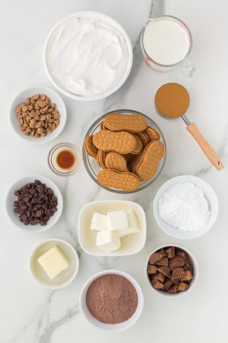 Ingredients for No Bake Chocolate Peanut Butter Dream Bars.