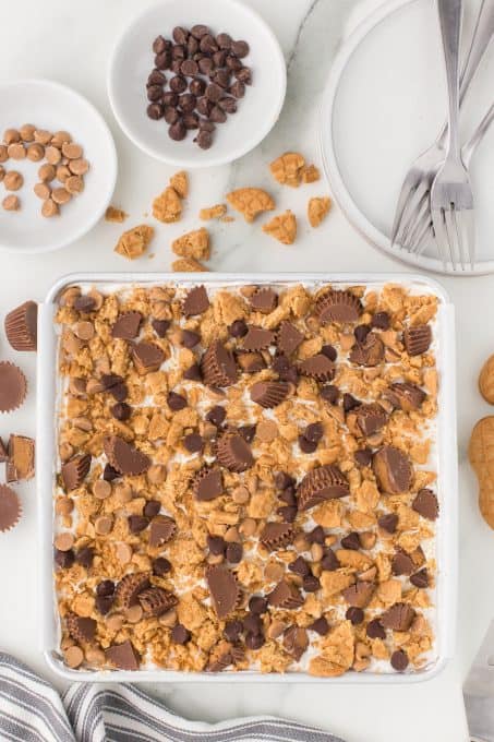 Crushed peanut butter cookies, peanut butter chips and chopped Reese's on a no bake lasagna dessert.