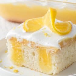 Lemon Poke Cake with Marshmallow Frosting.