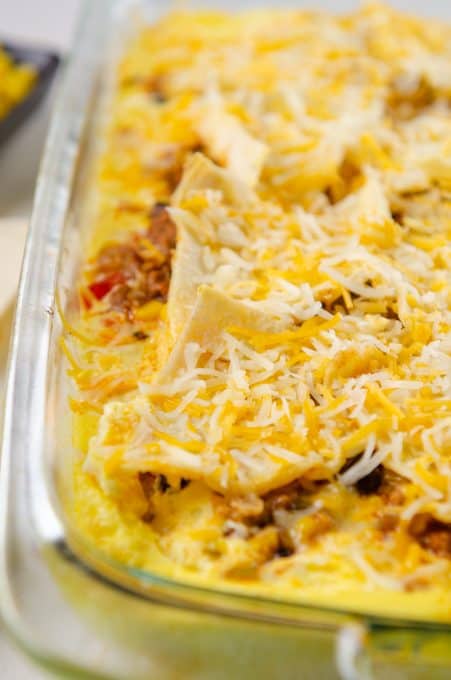 A cheesy breakfast casserole with a Mexican flair.