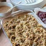 A dish of turkey stuffing.