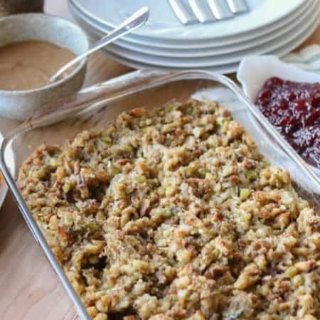 A dish of turkey stuffing.