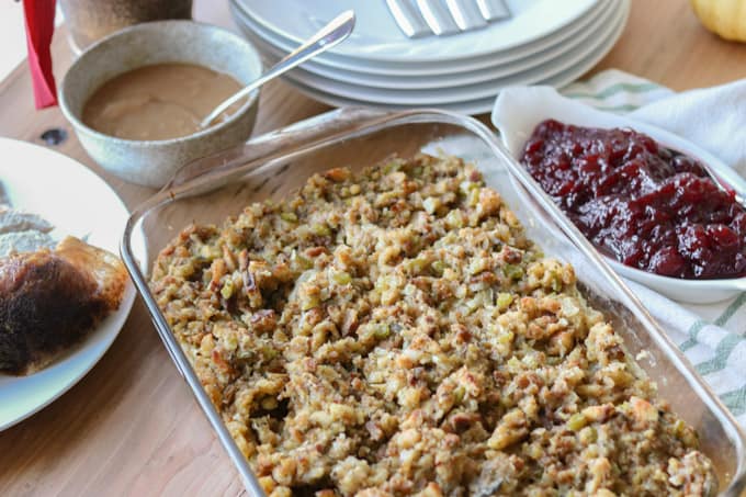 A dish of turkey stuffing.
