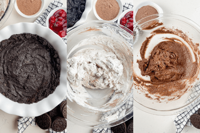 Process steps for No Bake Cherry Chocolate Cheesecake