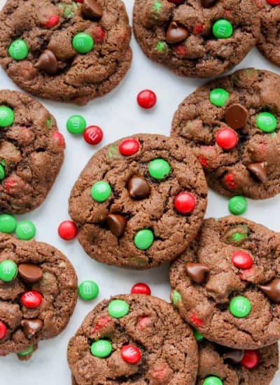 Chocolate Cookies with chocolate chips and red and green M & M's.