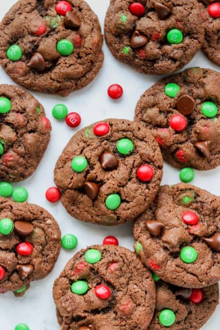 Chocolate Cookies with chocolate chips and red and green M & M's.