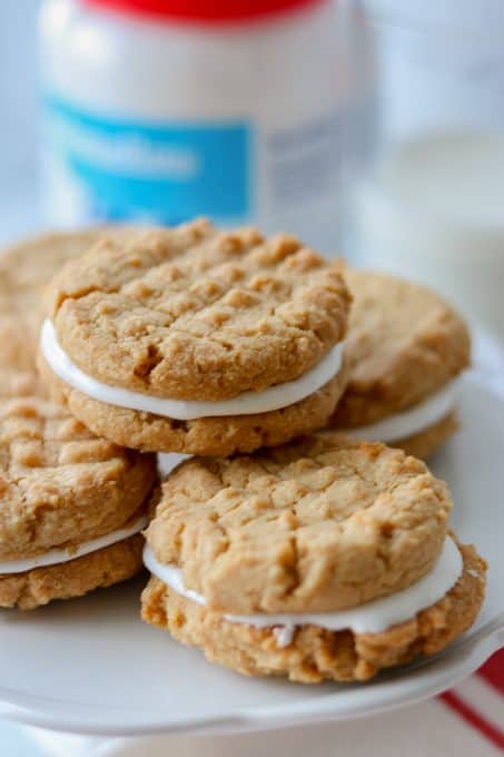 Cookies with peanut butter and marshmallow fluff inside.