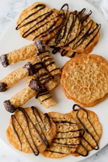 Lace Cookies Drizzled and Dipped in chocolate.