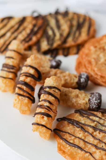 Cookies made with ground almonds and flour and dipped in chocolate.