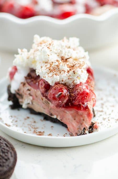 A slice of Cherry Hot Chocolate Cheesecake