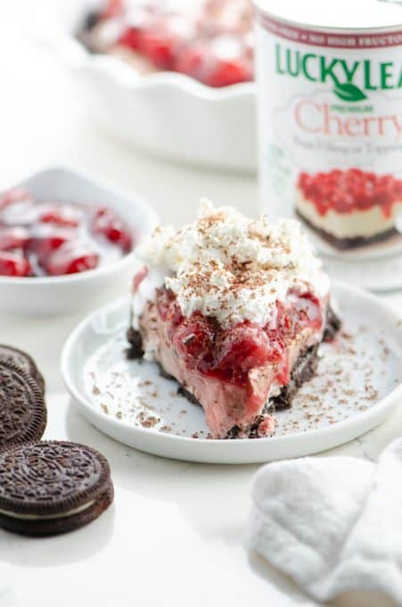 A slice of Cherry Hot Chocolate Cheesecake