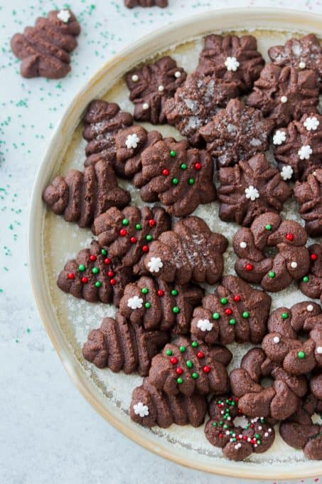 Spritz cookies made with cocoa.