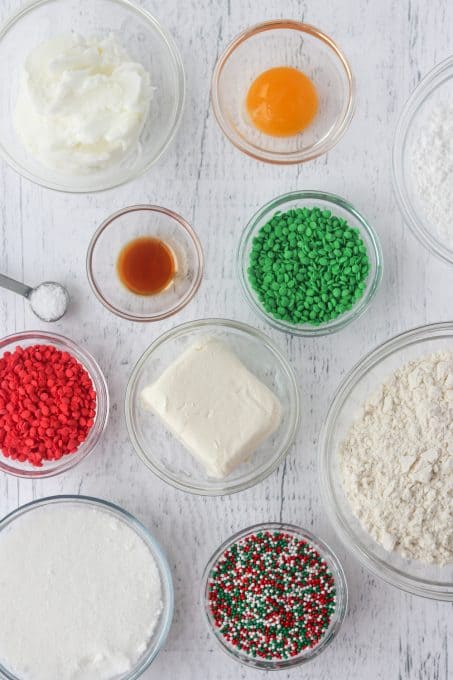 Ingredients for cream cheese cookies with sprinkles.