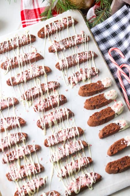 Chocolate biscotti dipped and drizzled in white chocolate.