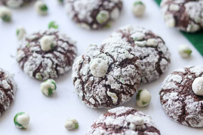 Chocolate Crinkles with wasabi powder and crushed wasabi peas.