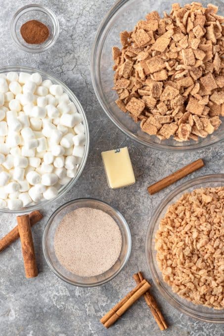 Ingredients for Cinnamon Toast Crunch and Rice Krispies Treats.