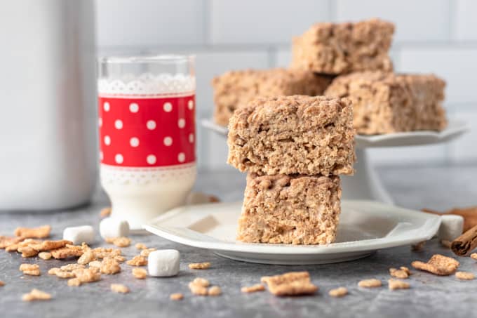 A stack of Rice Krispies Treats full of cinnamon sugar.