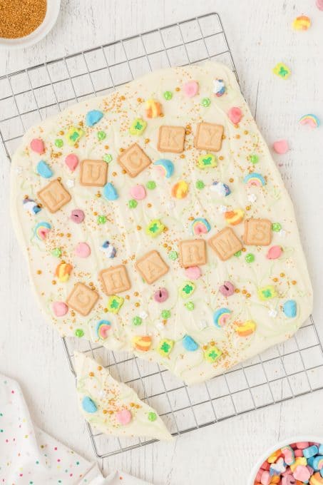 White Chocolate Candy Bark with Lucky Charms cereal.