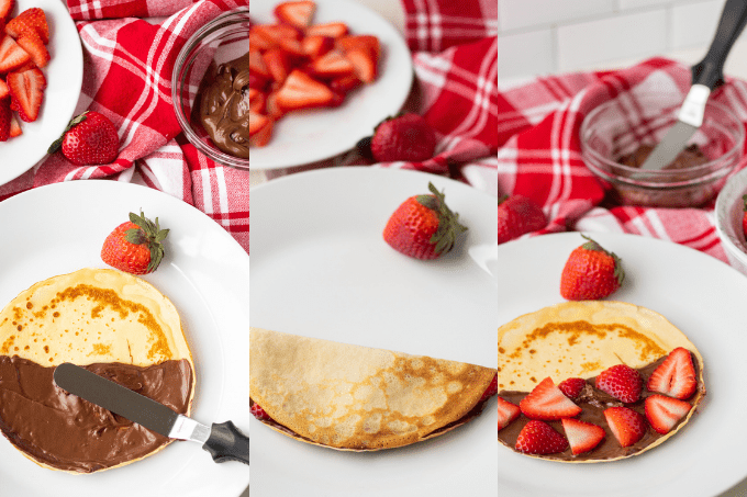 Process shots for filling crepes with Nutella and strawberries.
