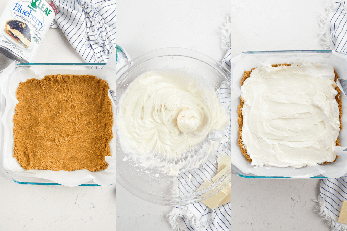 The process of making a layered no bake cheesecake dessert.