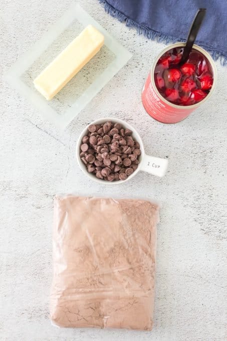 Ingredients for a chocolate dump cake.