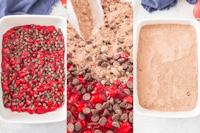 Process steps for a cherry chocolate dump cake.