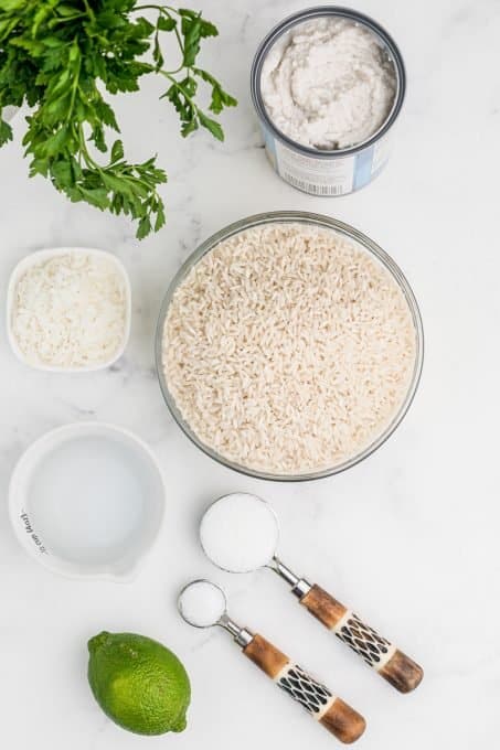 Ingredients for making rice flavored with coconut.