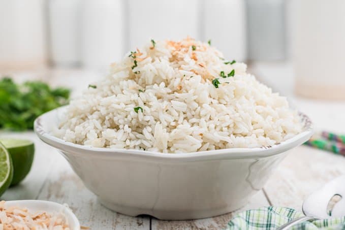 A bowl of rice flavored with coconut milk.