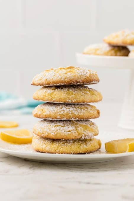 A stack of cake mix cookies made with lemon.