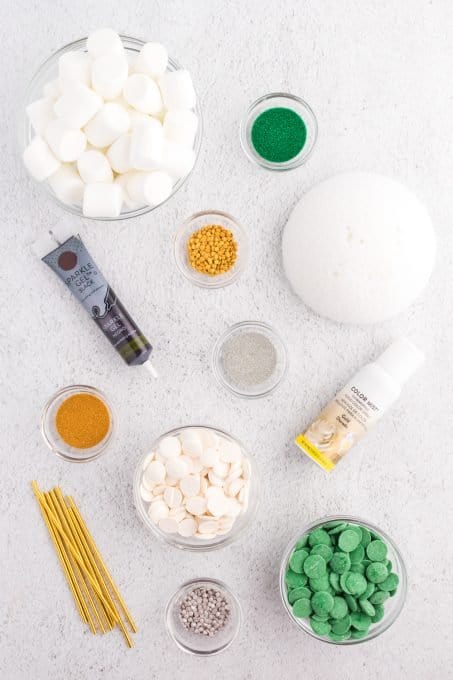 Ingredients for St. Patrick's Day Marshmallow Pops.