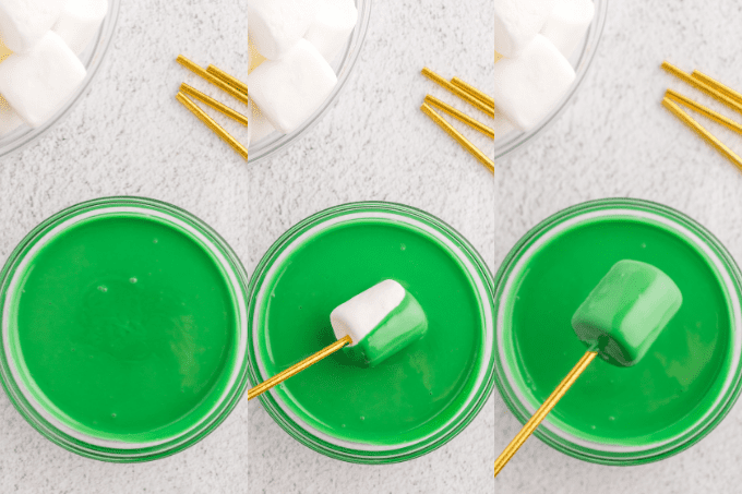 Process shots for decorating marshmallows with green candy melts.