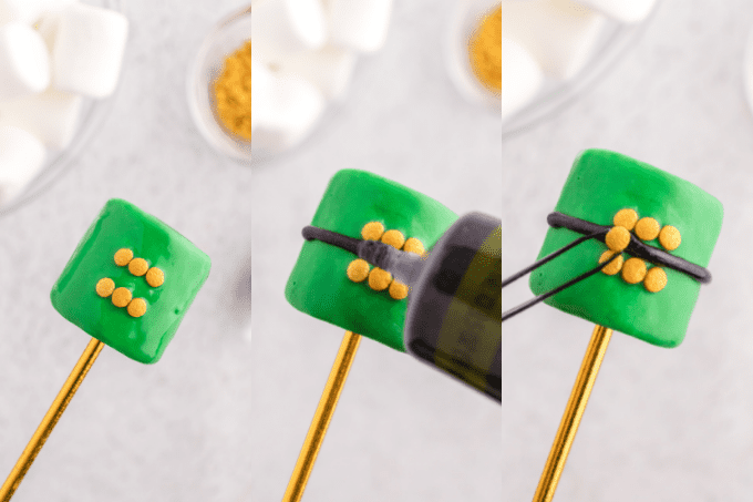 Process shots for decorating Leprechaun hat marshmallows.