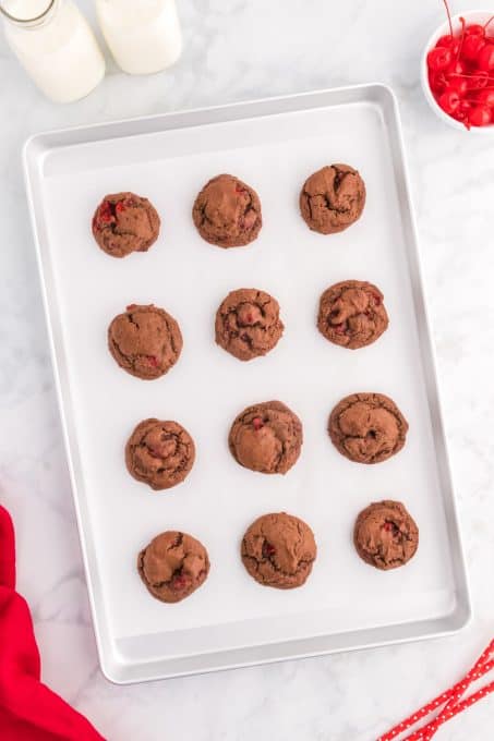 A baking sheet of Chocolate Cake Cherry Cookies