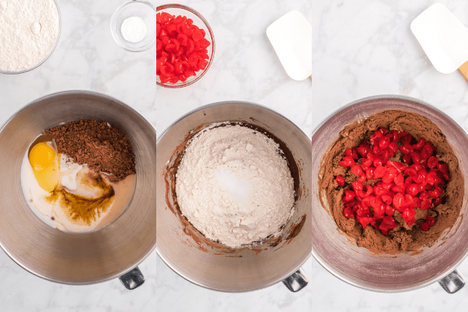 Process photos for Chocolate Cake Cookies with cherries.