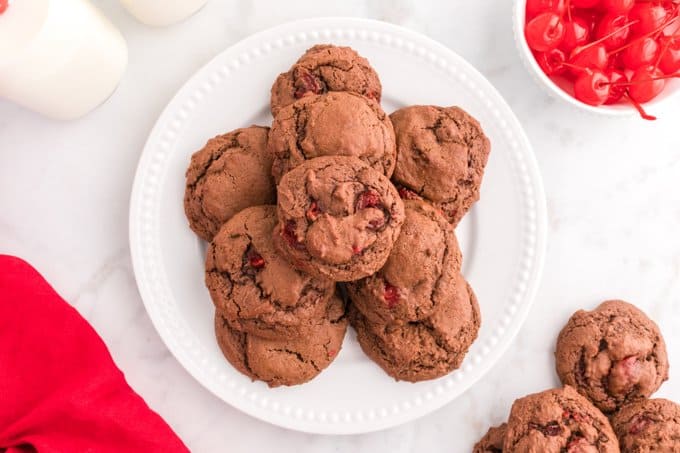 Chocolate Cake Cookies with maraschino cherries.