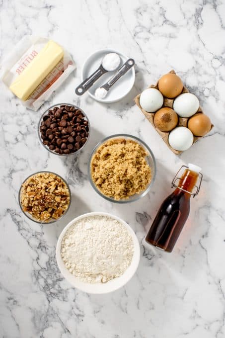 Ingredients for blondies that have chocolate chips.