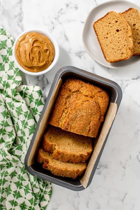 A loaf of quick bread made with peanut butter.