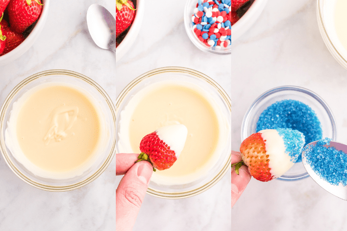 Process shots for strawberries with red, white and blue sprinkles.