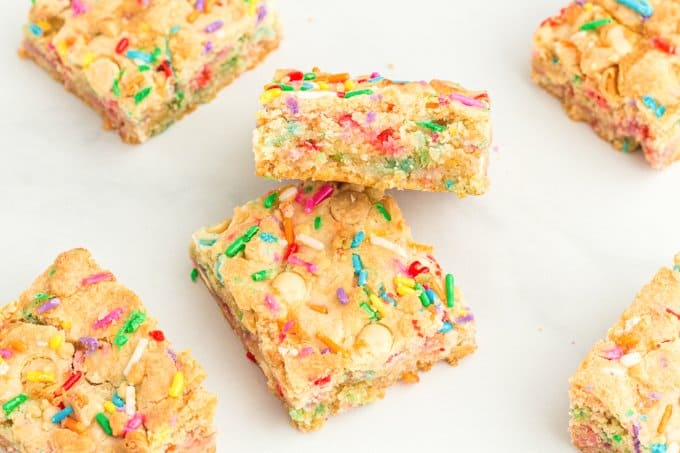 A bar recipe made with condensed milk and sprinkles.