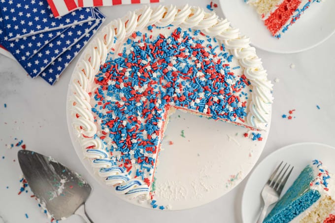 Slices cut out of a layer cake perfect for a patriotic celebration.