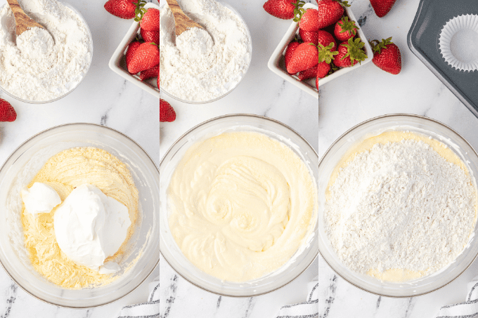 Process shots for making muffins with strawberries and sour cream.